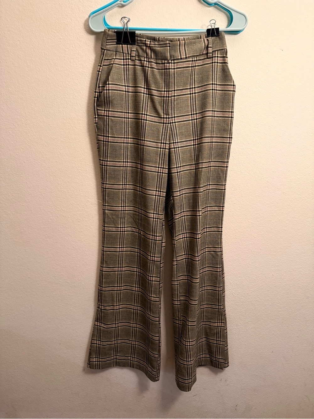 Topshop Plaid Boot-Cut Trousers in Beige and Olive Size 2